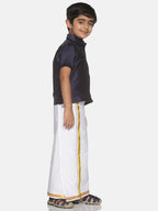Sethukrishna Boys Navy Blue & White Solid Shirt and Veshti Set