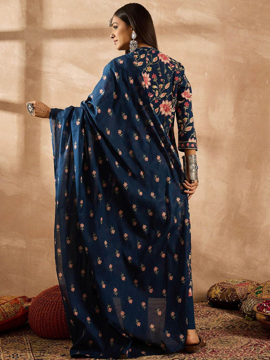 Indo Era Women Floral Printed Angrakha Beads and Stones Pure Cotton Kurta with Trousers & With Dupatta - Distacart