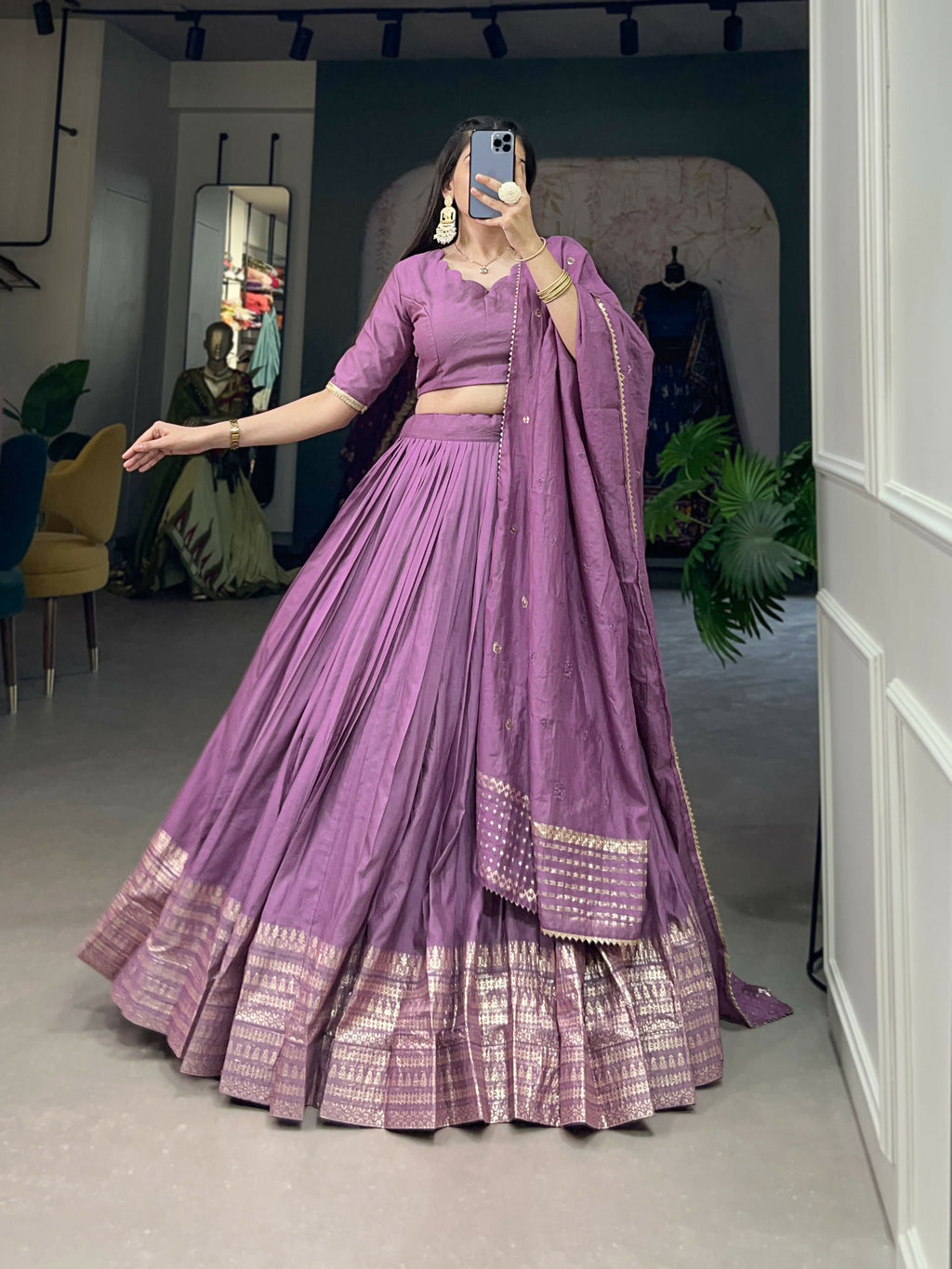 Lorenvalley Lavender Pure Chanderi Plain With Zari Weaving Work Border Lehenga Choli