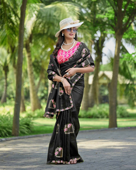Teeya Creation Black Color Pure Paper Silk Heavy Embroidery Work Wedding Wear Saree