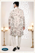 Joban Fashion Men's Cream Straight Malai Silk Thread And Sequence Embroidery All Over 3 Pc Kurta Set