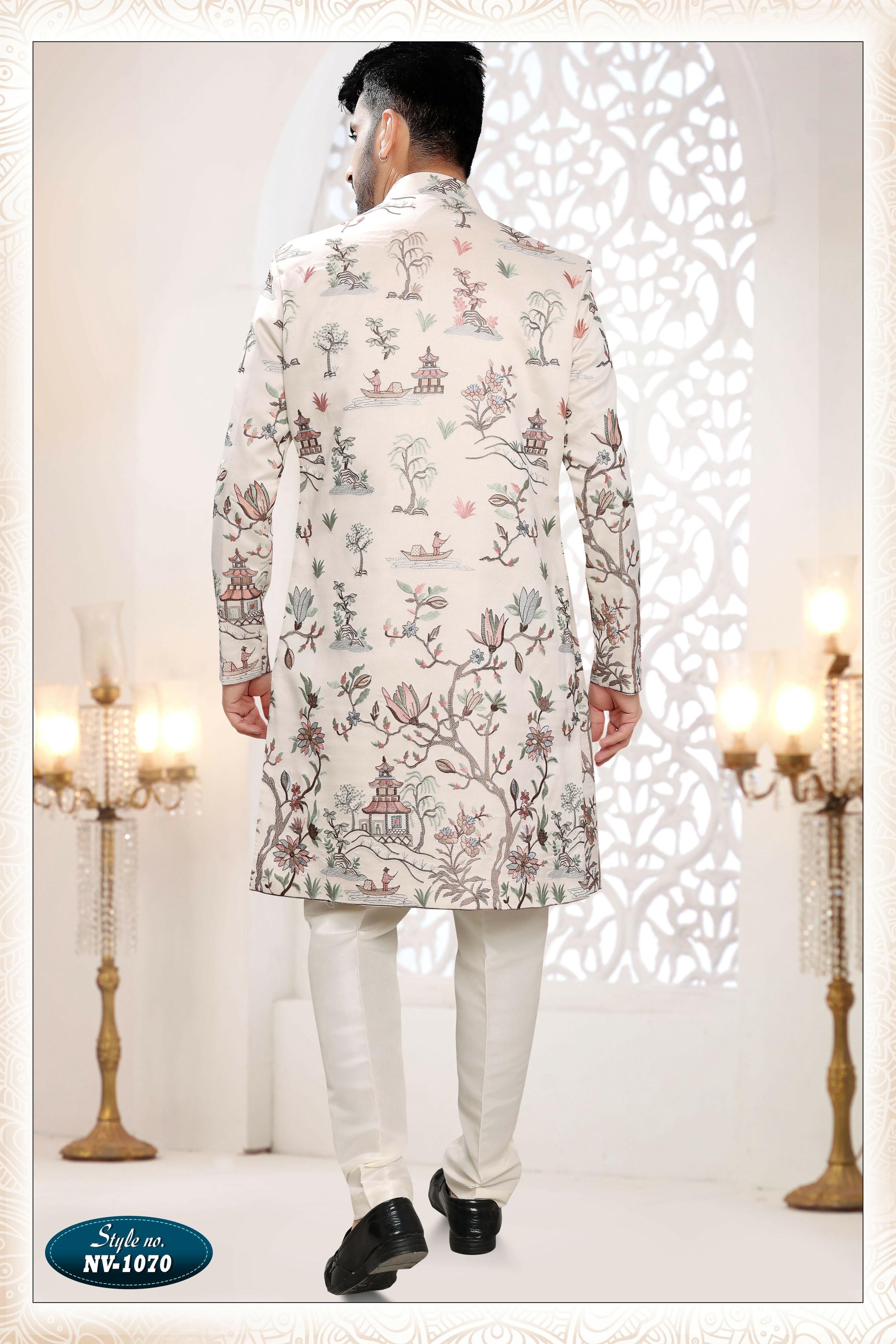Joban Fashion Men's Cream Straight Malai Silk Thread And Sequence Embroidery All Over 3 Pc Kurta Set