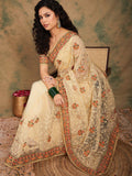 Sangria Yellow Beige Embroidered Net Sarees - Distacart