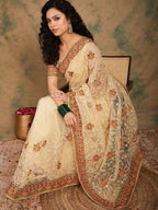 Sangria Yellow Beige Embroidered Net Sarees - Distacart
