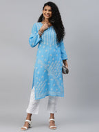 ADA Women Blue & White Ethnic Motifs Hand Embroidered Chikankari Handloom Kurta