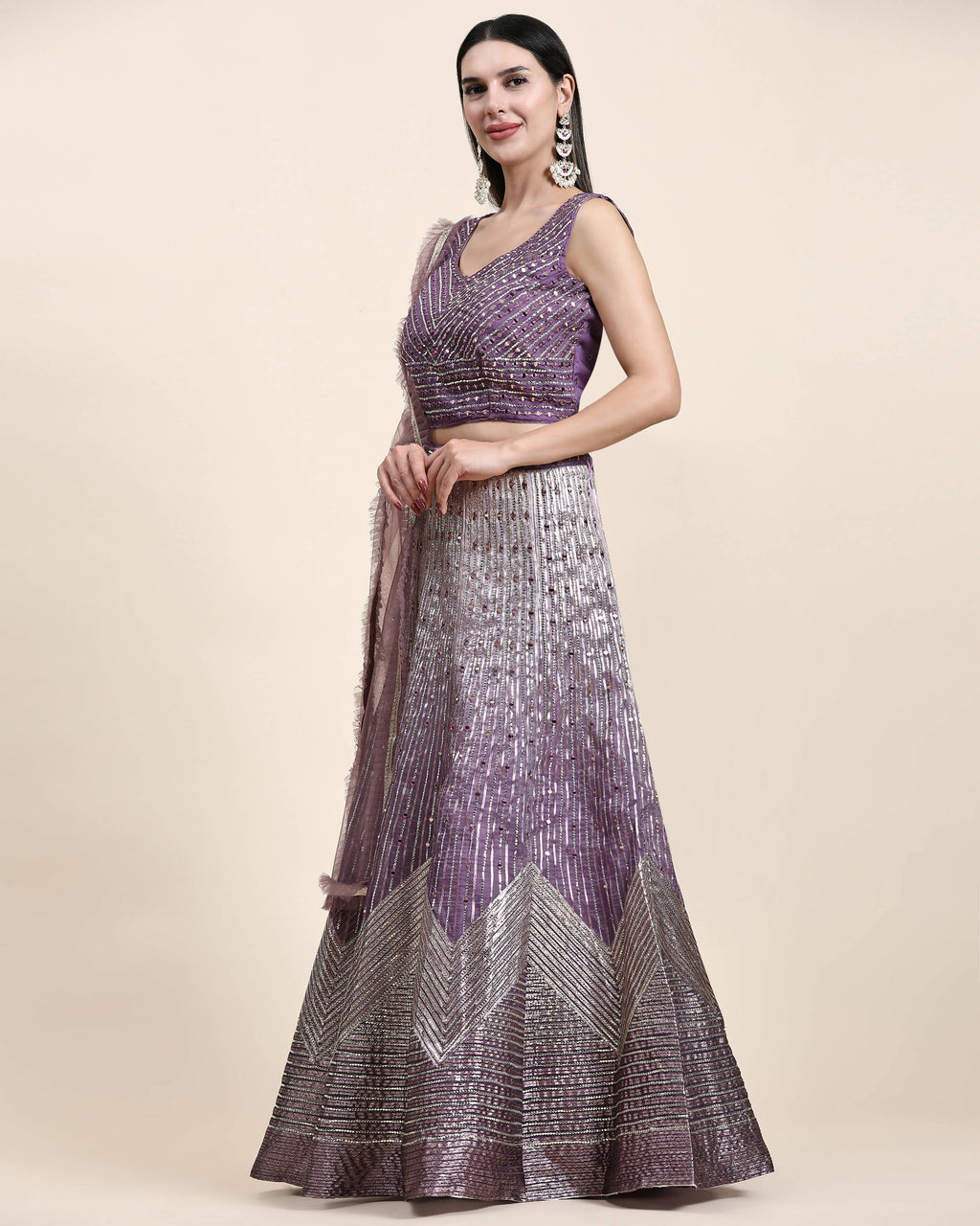 Lavender Organza Mirror With Coding Work Lehenga Choli with Dupatta - Tanya