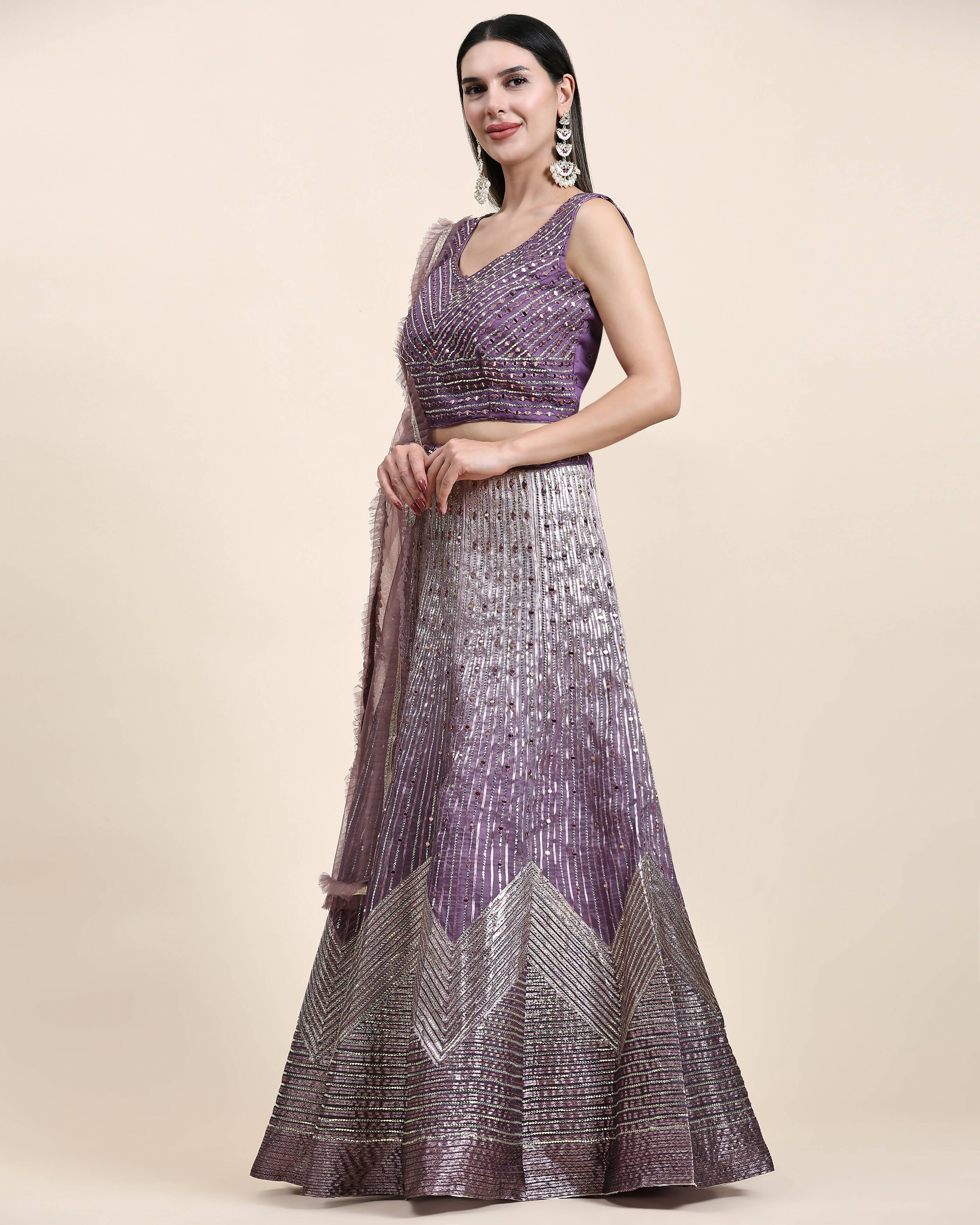 Lavender Organza Mirror With Coding Work Lehenga Choli with Dupatta - Tanya