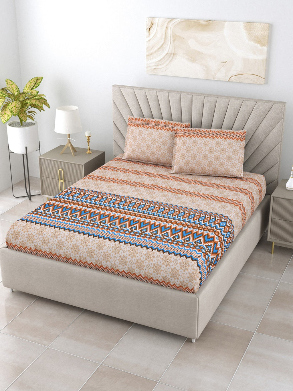 BOMBAY DYEING Brown & Blue Ethnic Motifs Cotton 250 TC King Bedsheet With 2 Pillow Covers