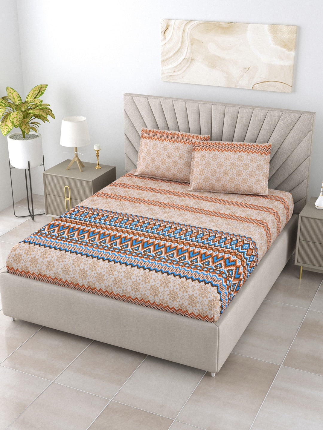 BOMBAY DYEING Brown & Blue Ethnic Motifs Cotton 250 TC King Bedsheet With 2 Pillow Covers