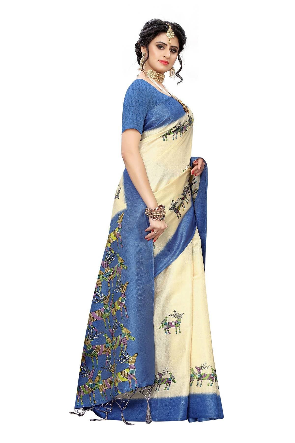 Vamika Multicolor & Blue Kalamkari With Jhalar Khadi Silk Saree
