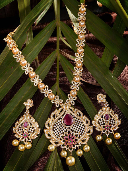 Saraf RS Jewellery Gold-Polished White & Pink American Diamond Studded & Beaded Handcrafted Jewellery Set