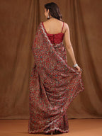 Sangria Maroon Floral Printed Beads And Stones Sarees - Distacart