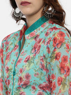 Souchii Turquoise Blue & Pink Floral Print Ethnic Maxi Dress - Distacart