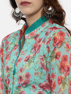 Souchii Women Turquoise Blue & Pink Floral Print Ethnic Maxi Dress - Distacart