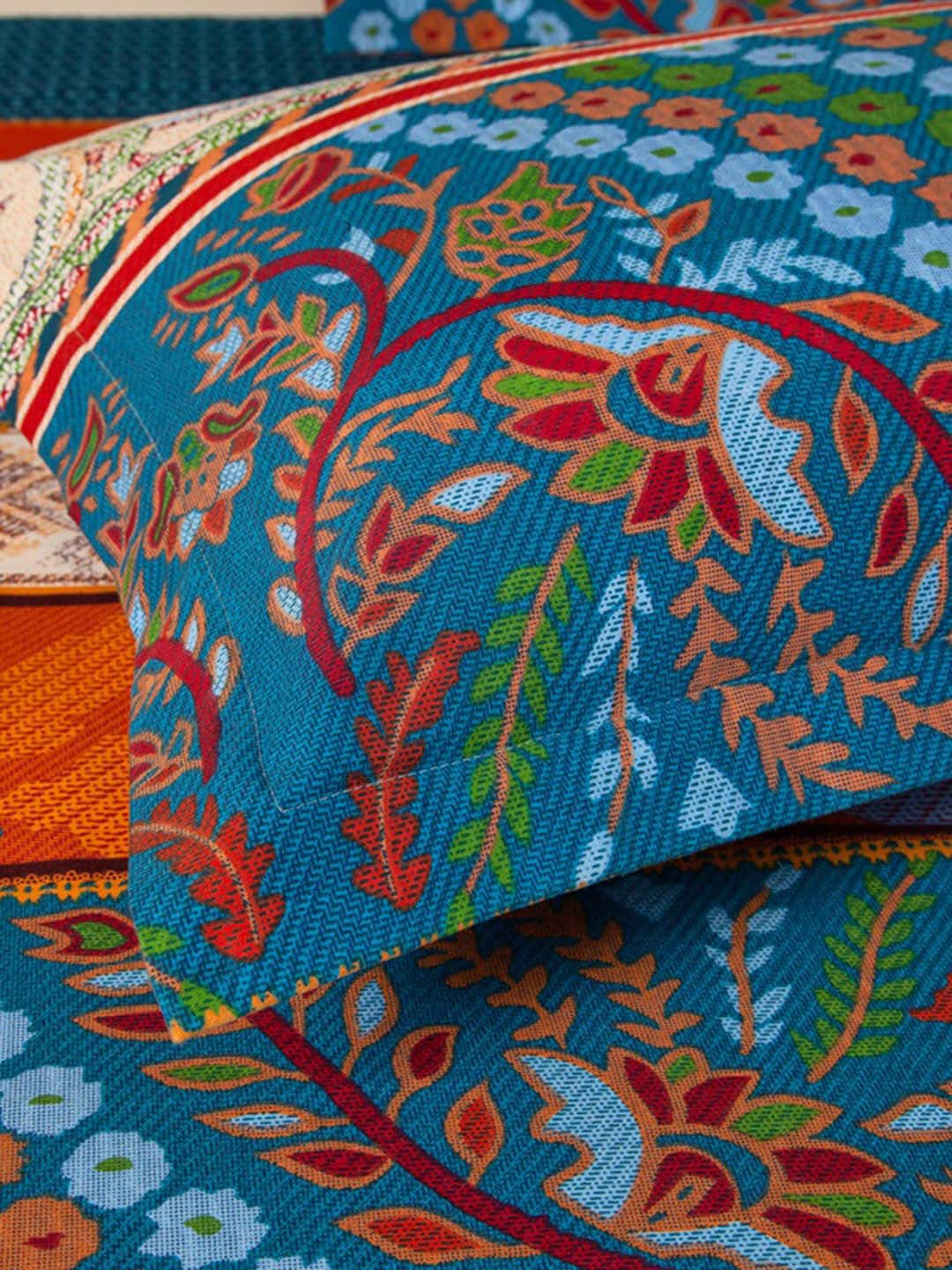 JC Collection Blue & Red Ethnic Motifs 220 TC King Bedsheet with 2 Pillow Covers - Distacart