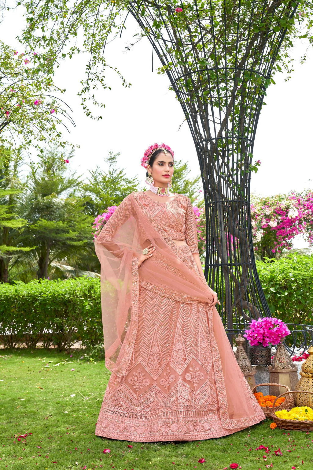 Peach Net Embroidered Semi Stitched Lehenga Choli with Dupatta - Bhagya