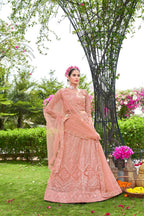Peach Net Embroidered Semi Stitched Lehenga Choli with Dupatta - Bhagya