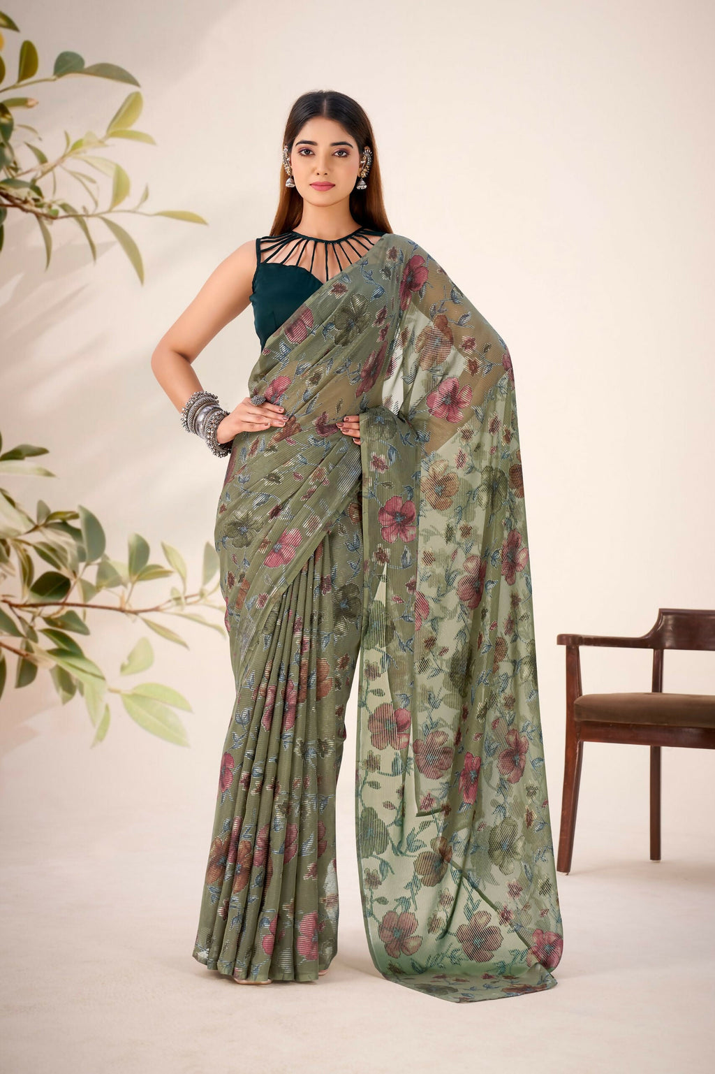 Vastranavya Mehendi Lurex Brasso Floral Printed Saree with Unstitched Blouse - Distacart