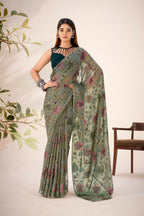 Vastranavya Mehendi Lurex Brasso Floral Printed Saree with Unstitched Blouse - Distacart