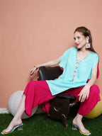 Women Republic Blue And Pink Assyemtrical Kurta Set - Distacart