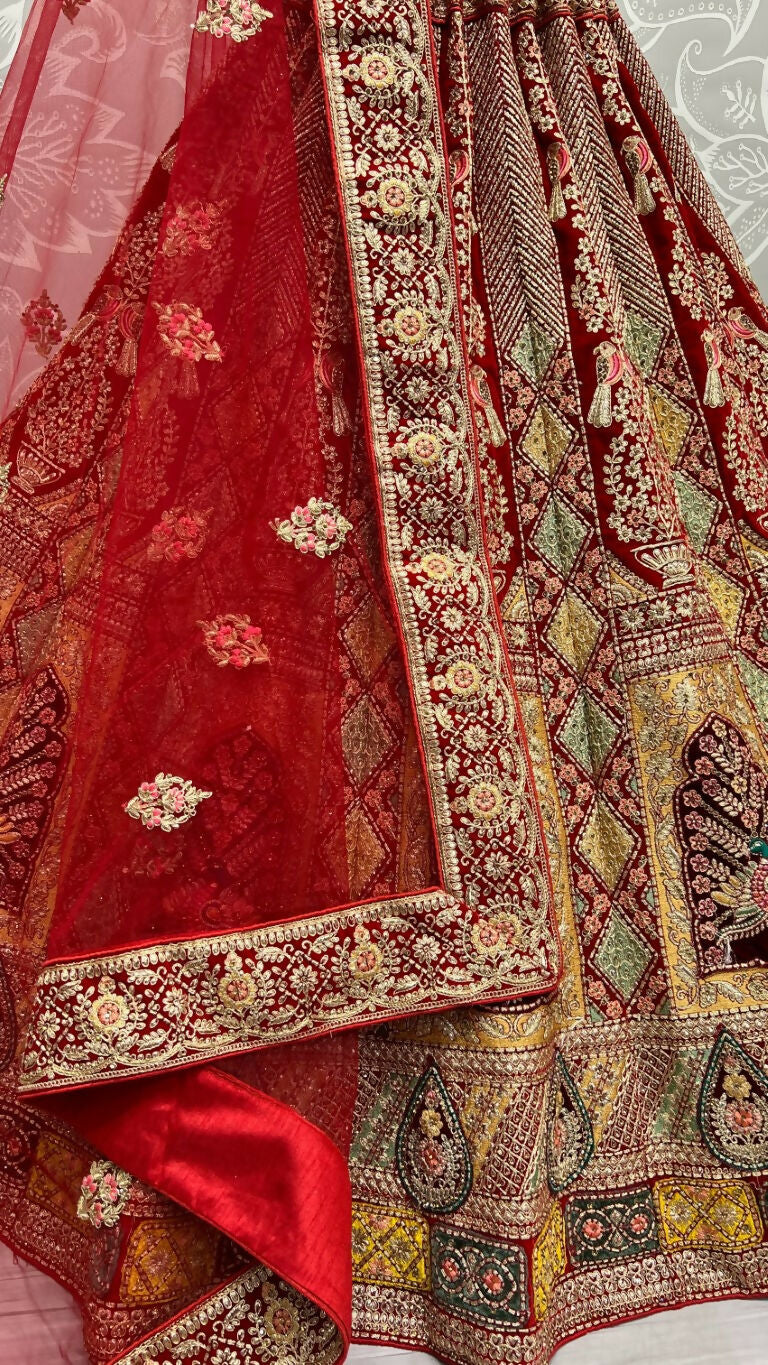 Jyoti Fashion Women's Red Velvet Fancy Dori, Zari with Multi Thread Embroidered Wedding Lehenga Choli