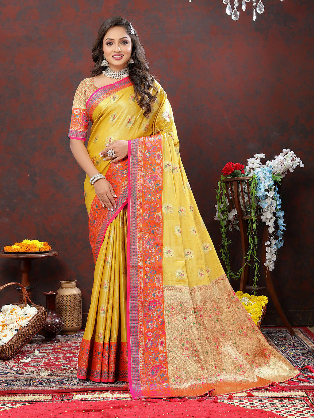 Lorenvalley Fashion Yellow Kanjivaram Silk Woven Design with Zari Weaving Saree