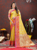 Lorenvalley Fashion Yellow Kanjivaram Silk Woven Design with Zari Weaving Saree