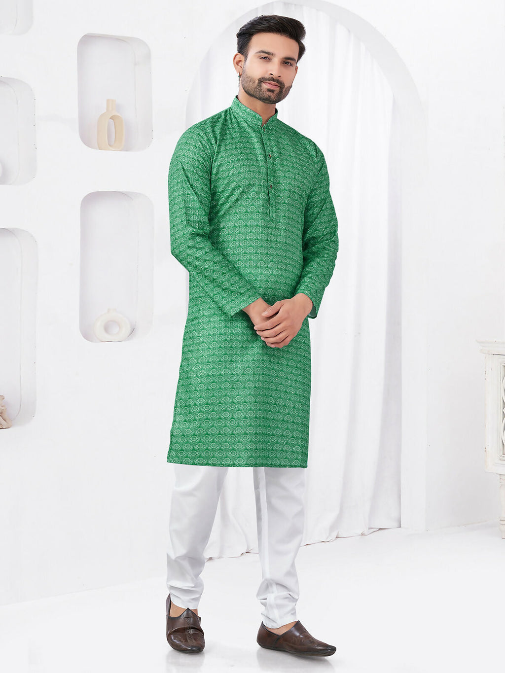 Joban Fashion Men's Rayon Cotton Green Printed Kurta Pyjama set
