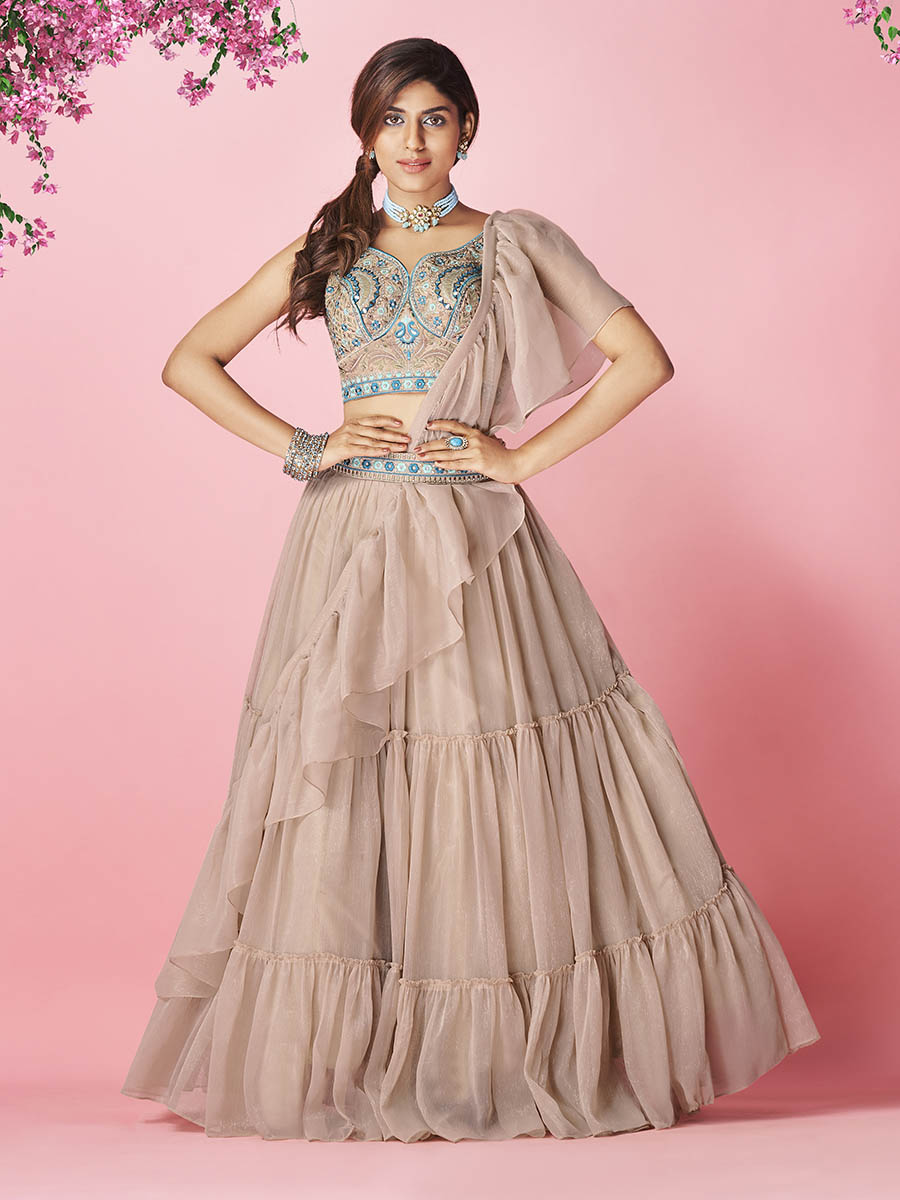 Myra Rose Taupe Art Silk Designer Lehenga