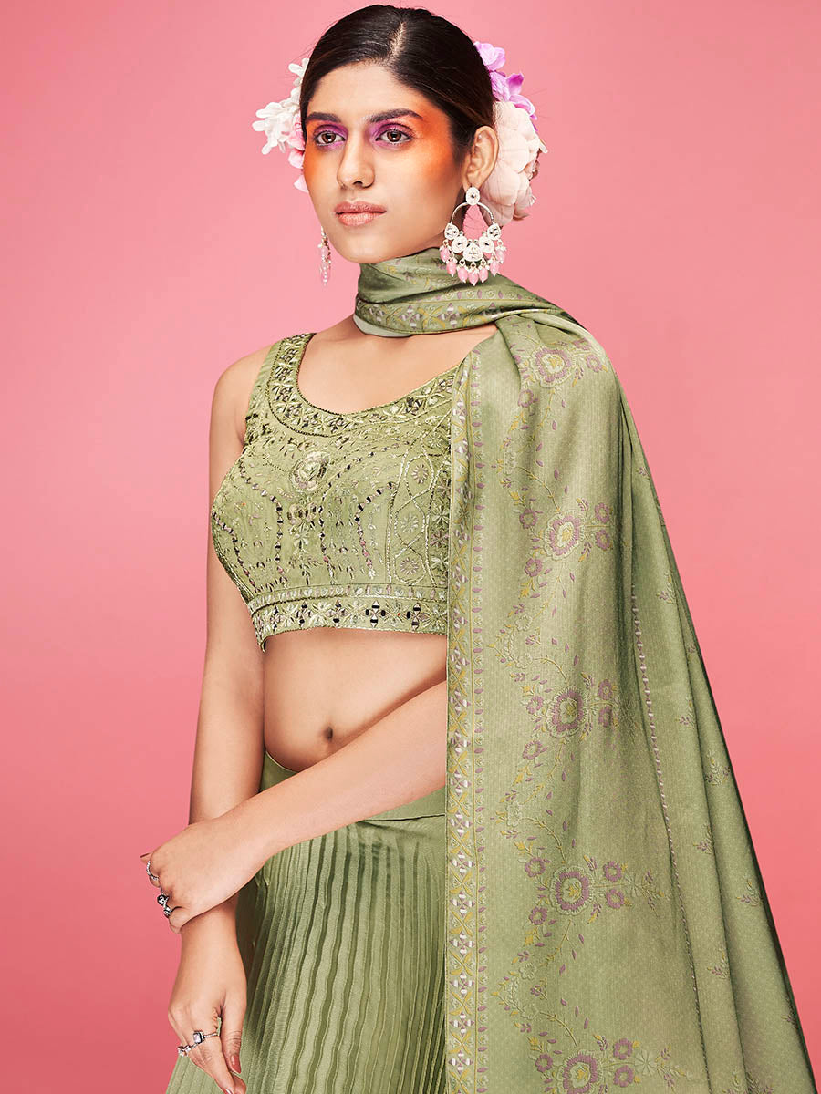 Myra Olive Art Silk Embroidered Designer