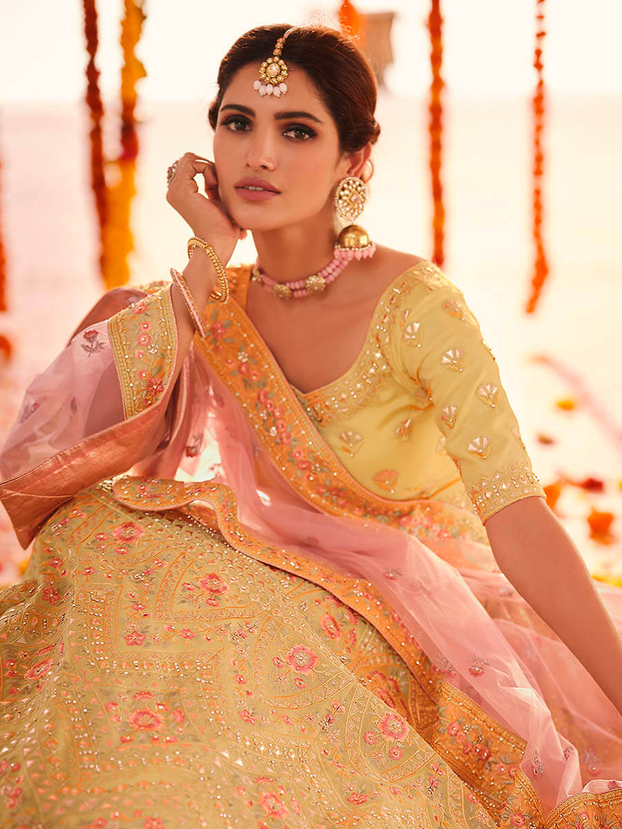 Myra Yellow Organza Embroidered Designer Lehenga