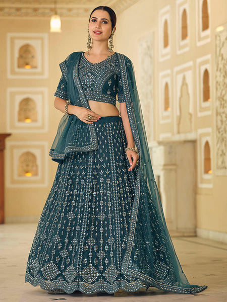 Myra Rama Blue Soft Net Embroidered Lehenga