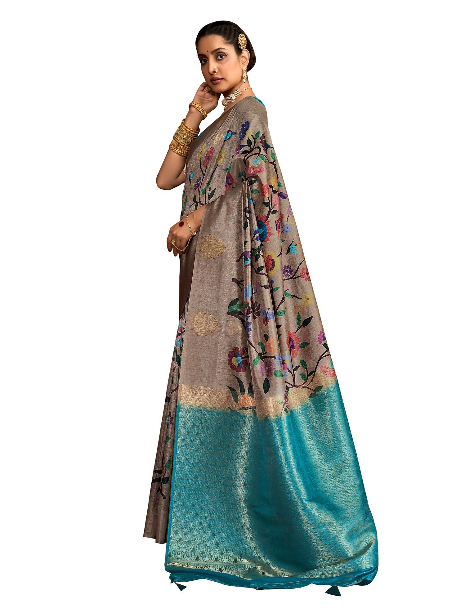 Joban Fashion Multi Color Soft Silk Weaving Fabric With Digital Jamdani Print With Jacquard Rich Pallu & Blouse With Spring Tassels - Distacart