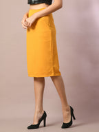 Myshka Women's Yellow Solid Knee Length Party Embellished Skirts