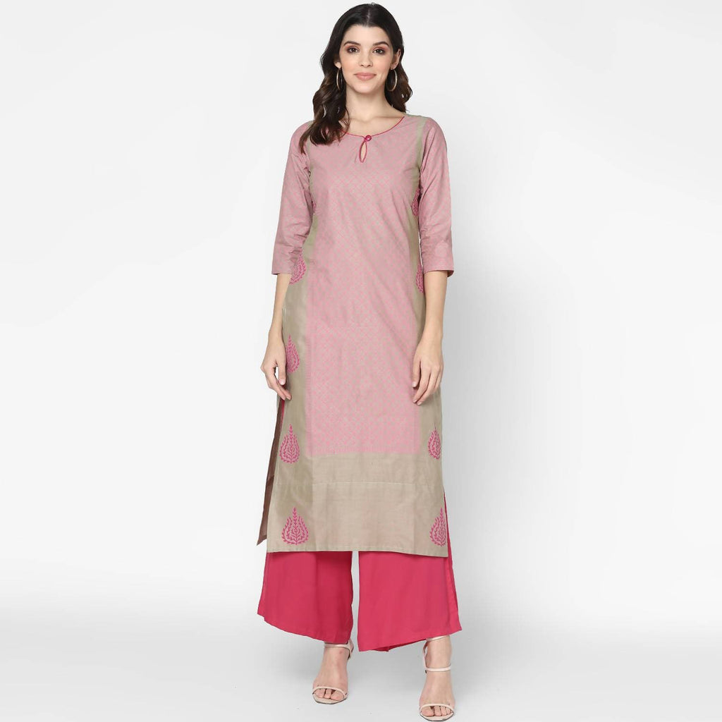 Cheera Hand Block Print Khaki Straight Kurta (MAAI-051K)