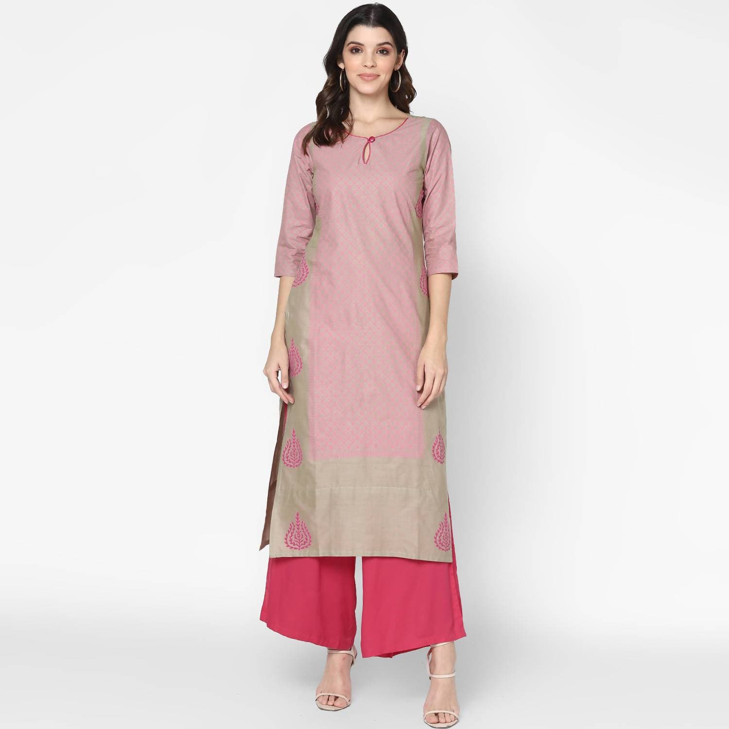 Cheera Hand Block Print Khaki Straight Kurta (MAAI-051K)