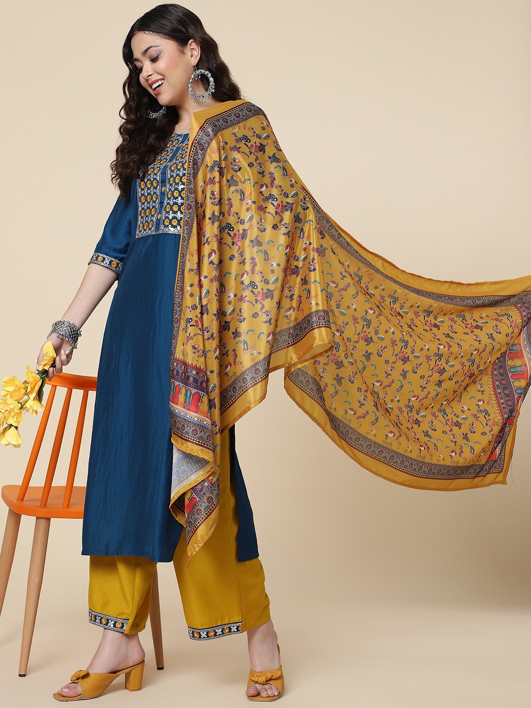 HERE&NOW Ethnic Motifs Embroidered Mirror Work Jute Silk Kurta with Trousers & Dupatta