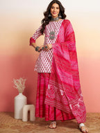 Sangria Floral Printed Pure Cotton Kurti With Sharara & Dupatta