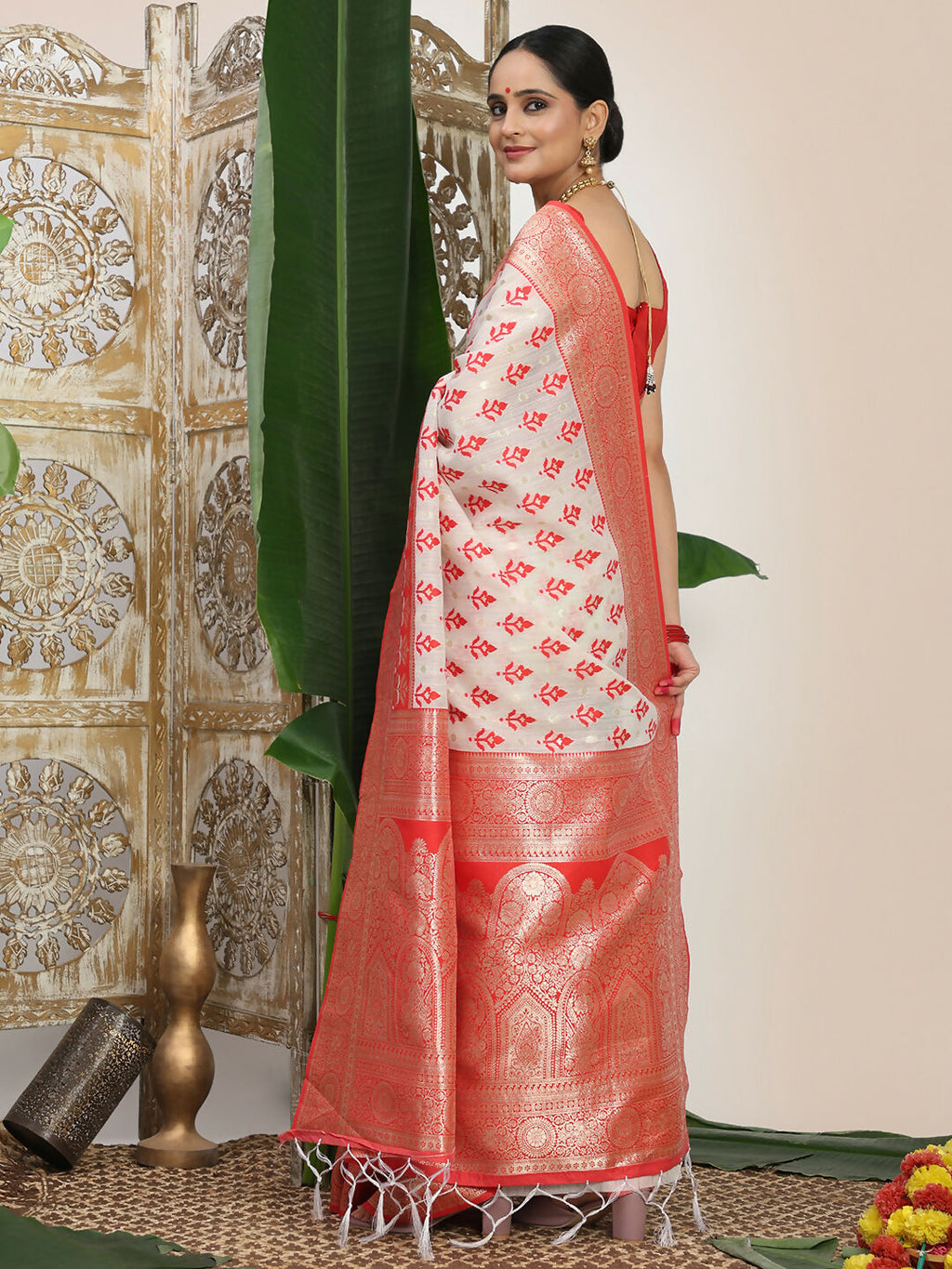 Shree Shyam Fashion Linen Cotton Red & White Saree - Distacart