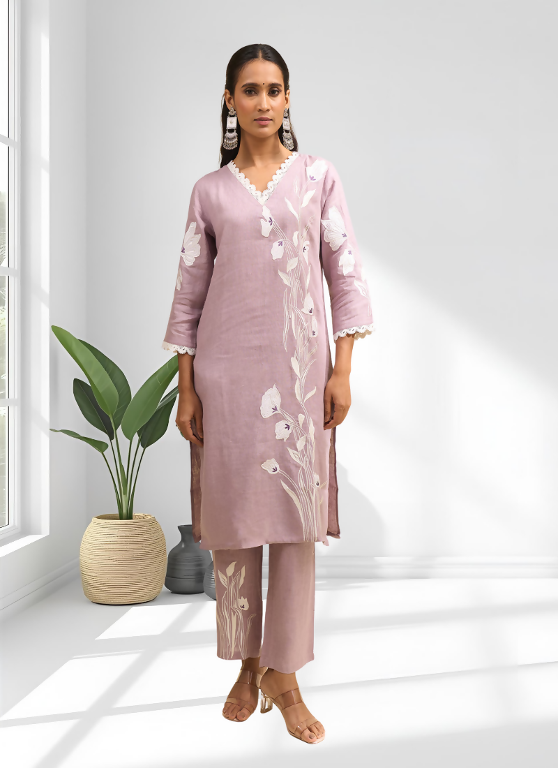 Joban Fashion Pink Linen Embroidered Readymade Long Kurta With Pant - Distacart