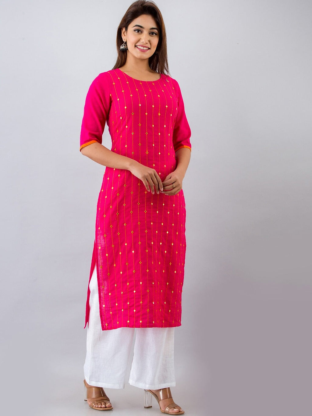 HERE&NOW Pink & White Geometric Embroidered Mirror Work Kurta with Palazzos