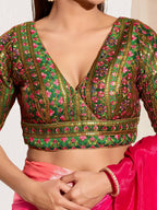 Joban Fashion Bottle Green Mulberry Silk Padded Blouse With V Neck Elbow Sleeves - Distacart