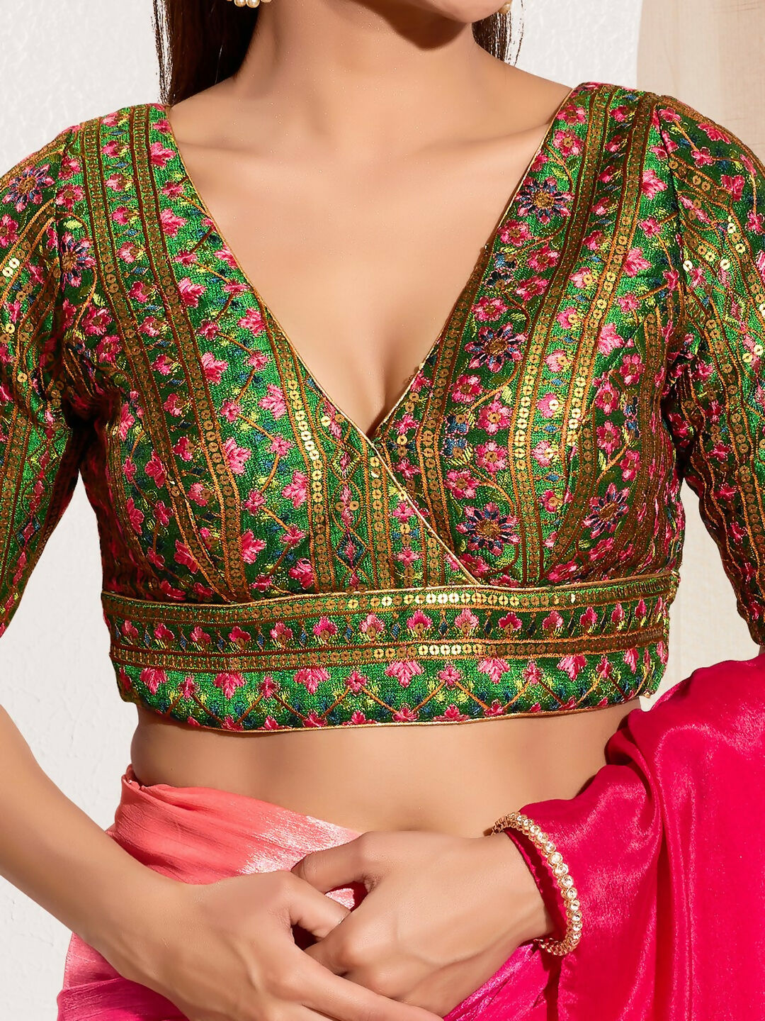 Joban Fashion Bottle Green Mulberry Silk Padded Blouse With V Neck Elbow Sleeves - Distacart
