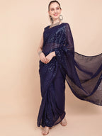 Sangria Navy Blue & Silver-Toned Sequin Embellished Pure Georgette Saree - Distacart
