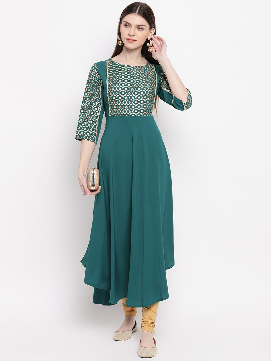 Janasya Teal Ethnic Motifs Yoke Design Crepe Anarkali Kurta - Distacart