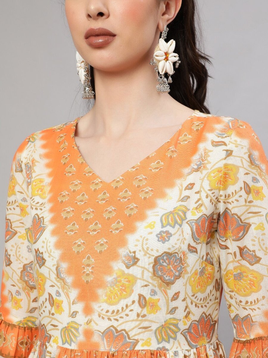 Aks Floral Printed V-Neck Bell Sleeves Pleated Cotton Kurta
