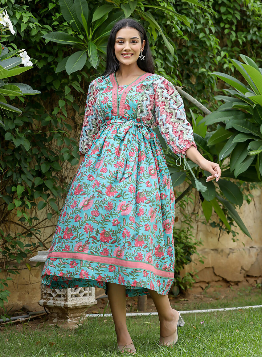 Kaajh Women's Green Hand Block Printed Dress - Distacart