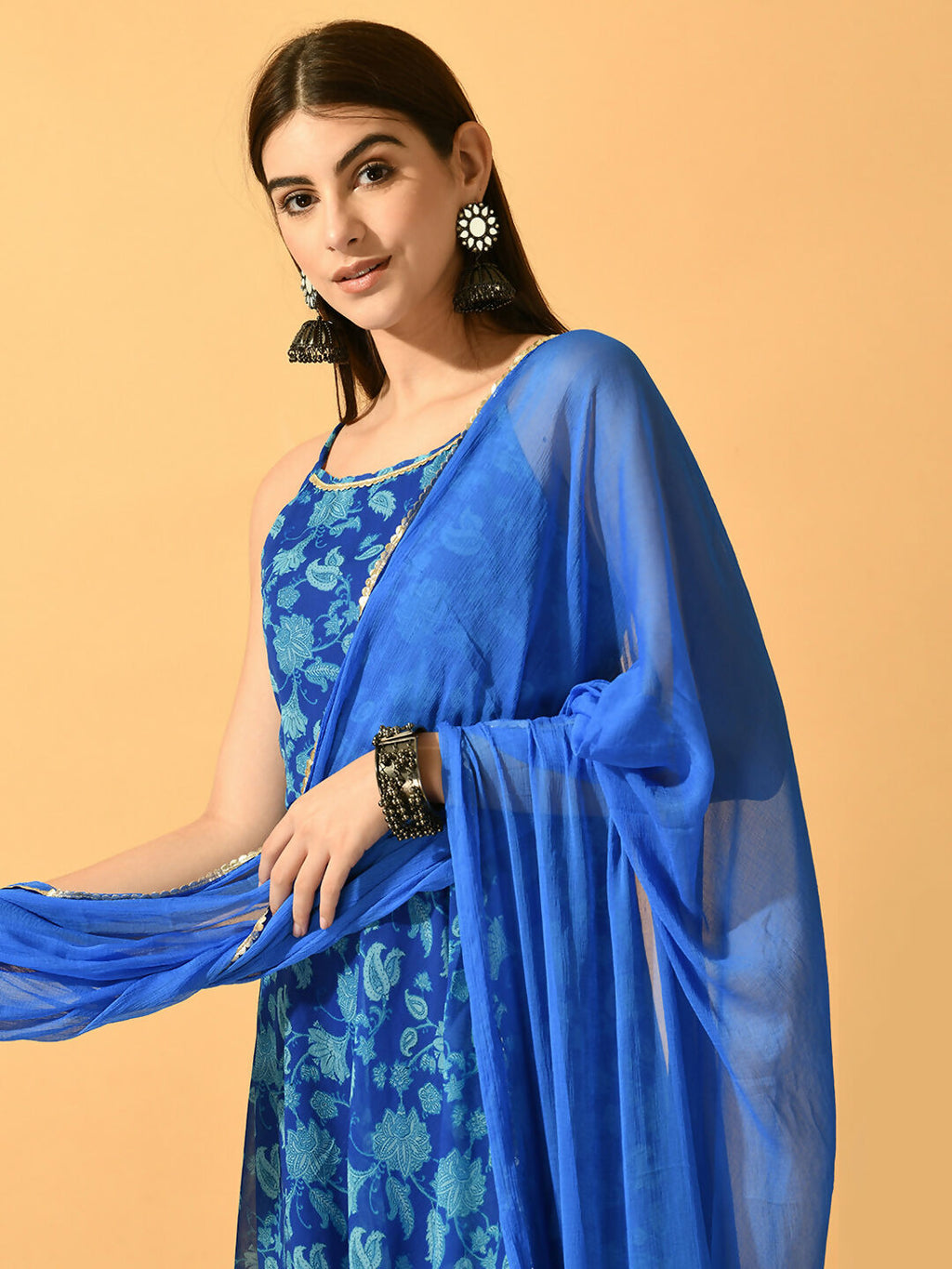 Myshka Women's Blue Festive Flared Anarkali Kurta With Dupatta sets
