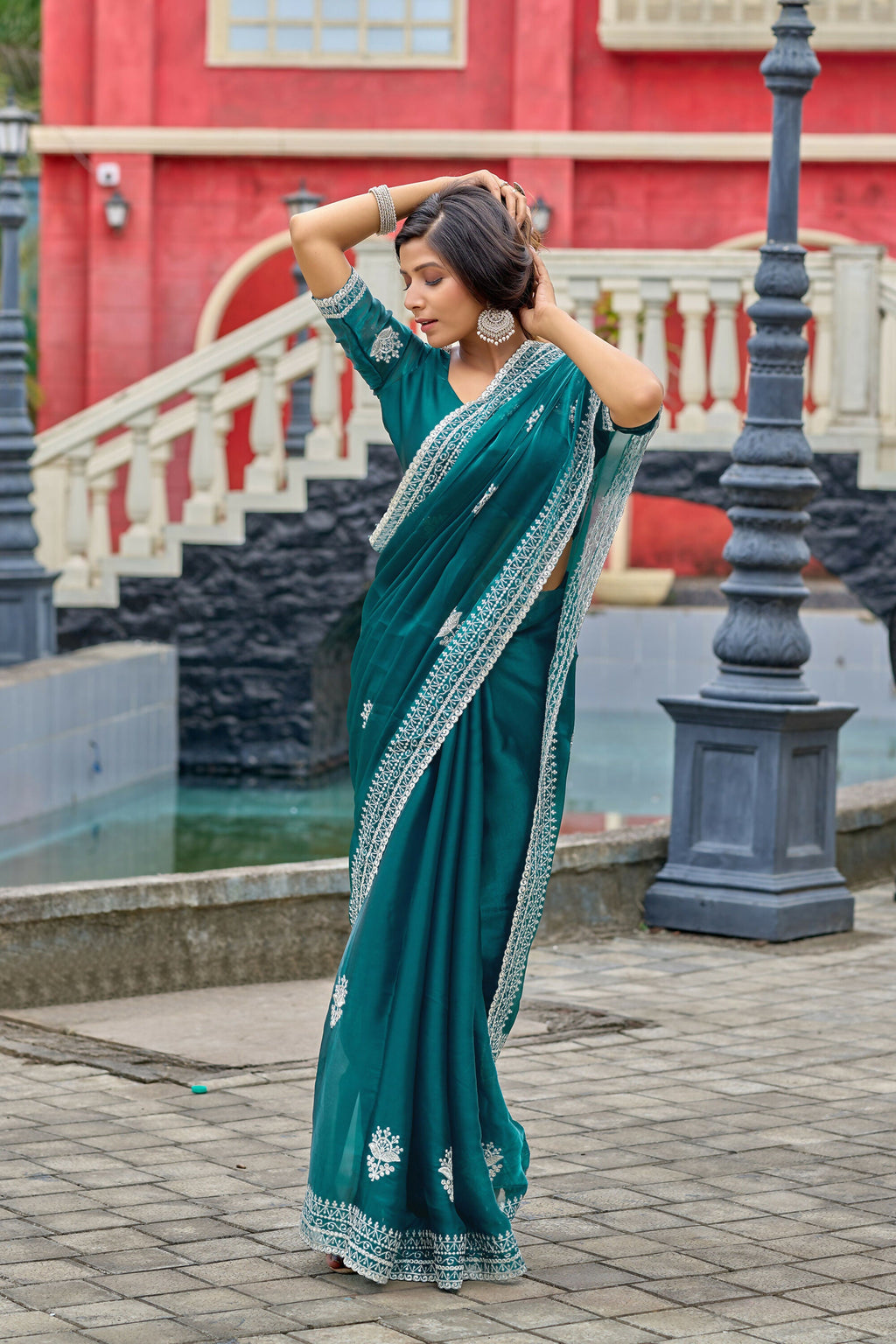 Vastranavya Rama Embroidery Work Shimmer Chiffon Saree with Unstitched Blouse - Distacart