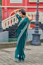 Vastranavya Rama Embroidery Work Shimmer Chiffon Saree with Unstitched Blouse - Distacart